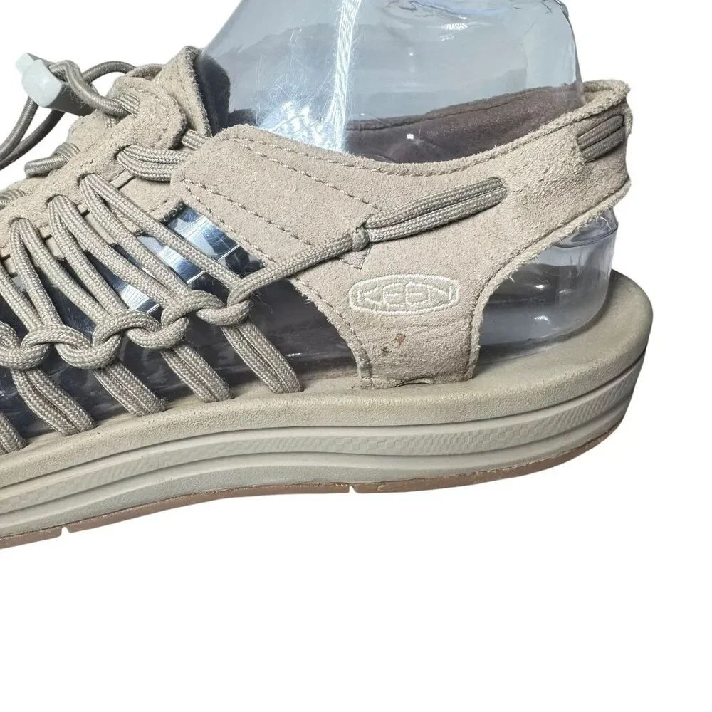 Keen Uneek Sandals Mens US 10 Gray Suede Walking Hiking Woven Bungee White Logo